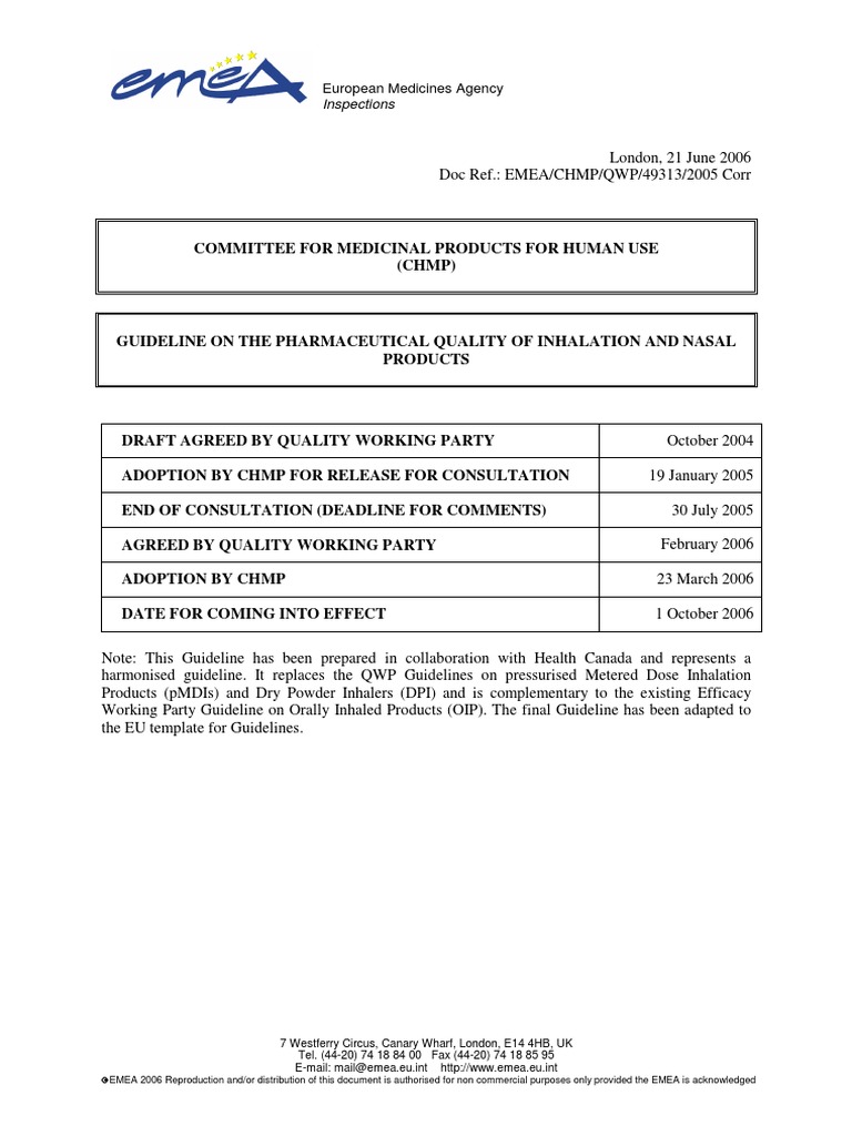 Inhalation and Nasal Products Quality Guidelines | PDF | Dose ...