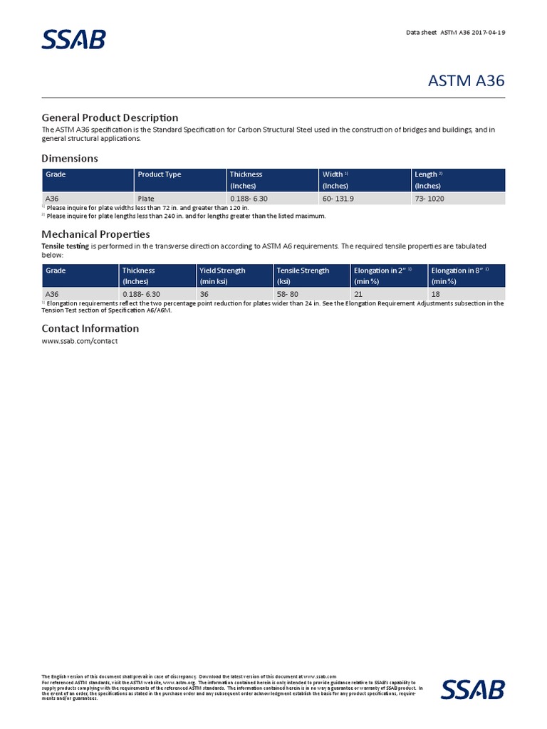 ASTM A36 Steel Specifications Data Sheet | PDF | Structural Steel ...