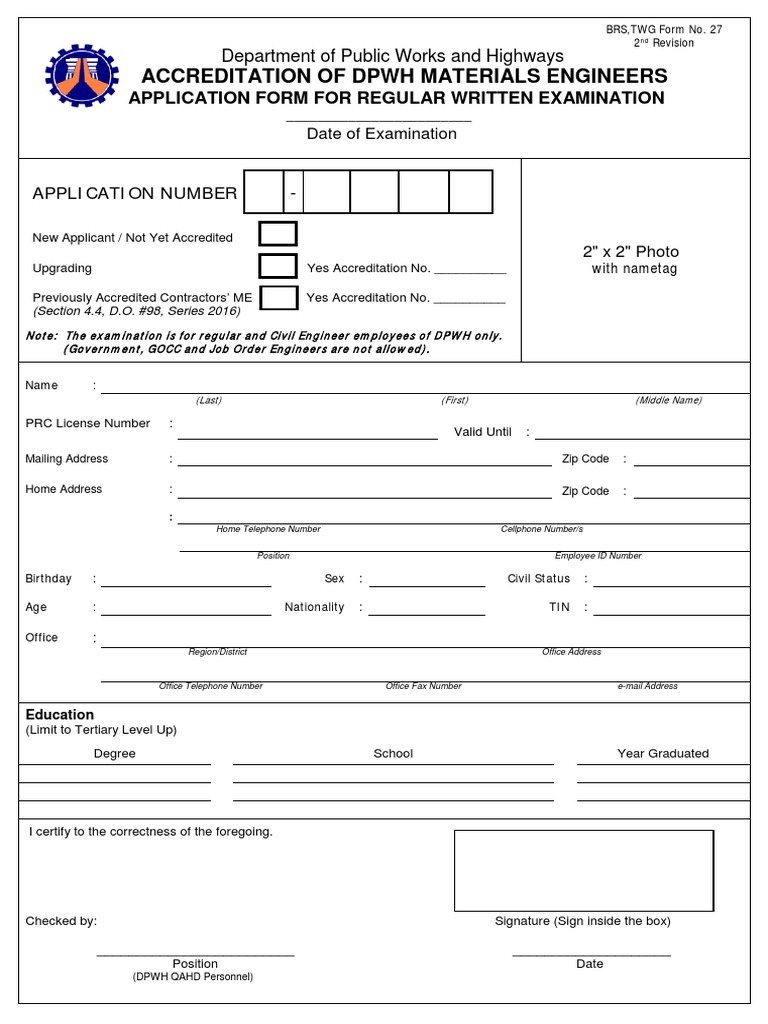 2nd REVISED APPLICATION FORM FOR DPWH ME EXAM (January 2019) PDF | PDF ...