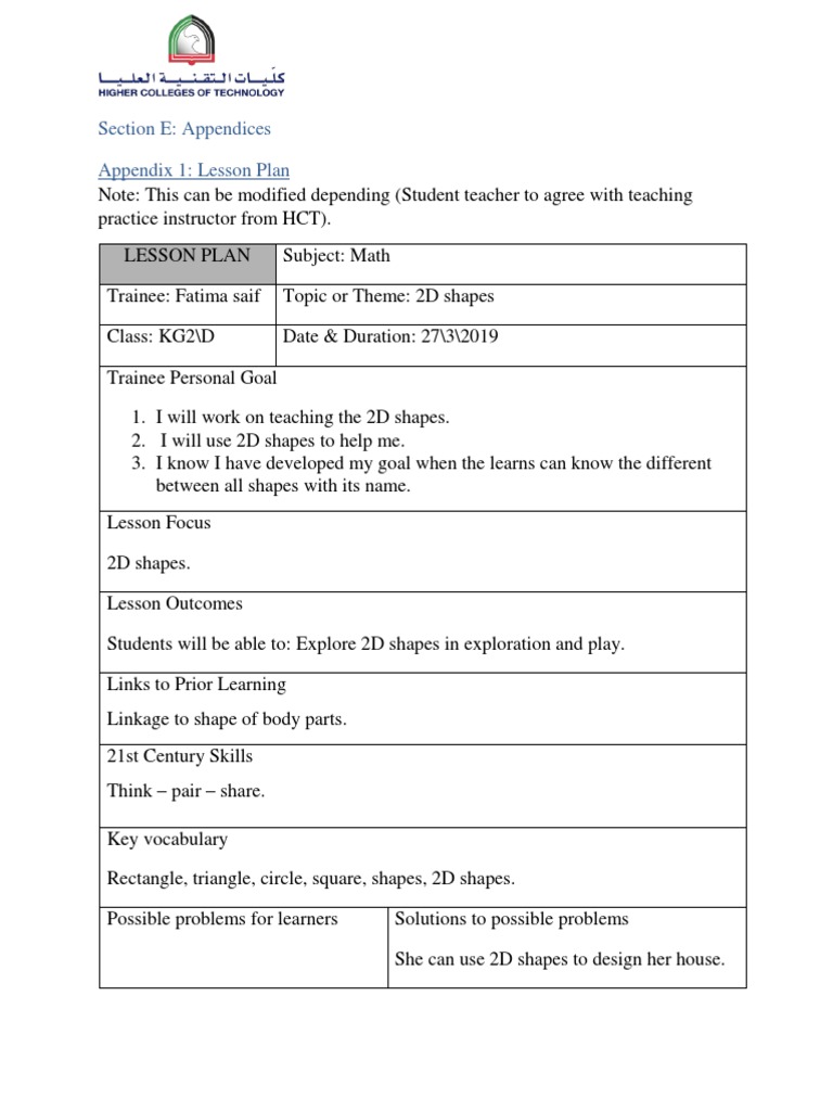 2D Shapes Lesson Plan for KG2 | PDF | Shape | Lesson Plan