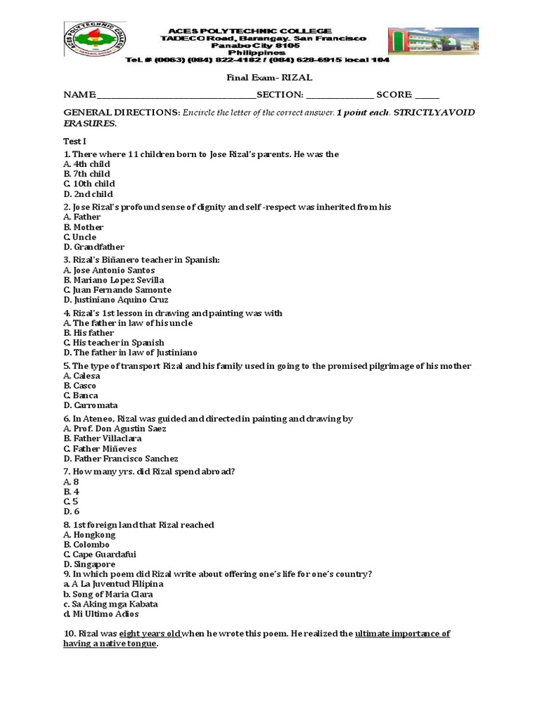 RIZAL Final Exam | PDF | Philippines