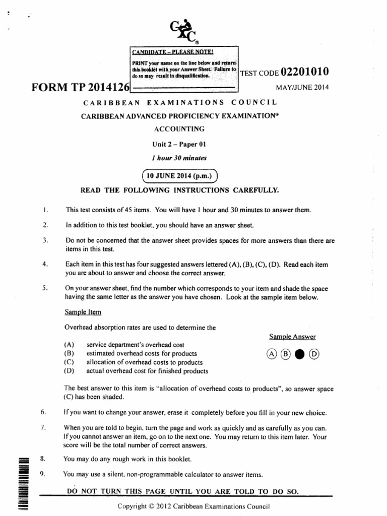 CAPE Accounting Unit 2 Paper 1 2014 | PDF | Inventory | Capital Budgeting