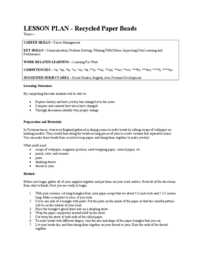Recycled Paper Beads Lesson Plan | PDF
