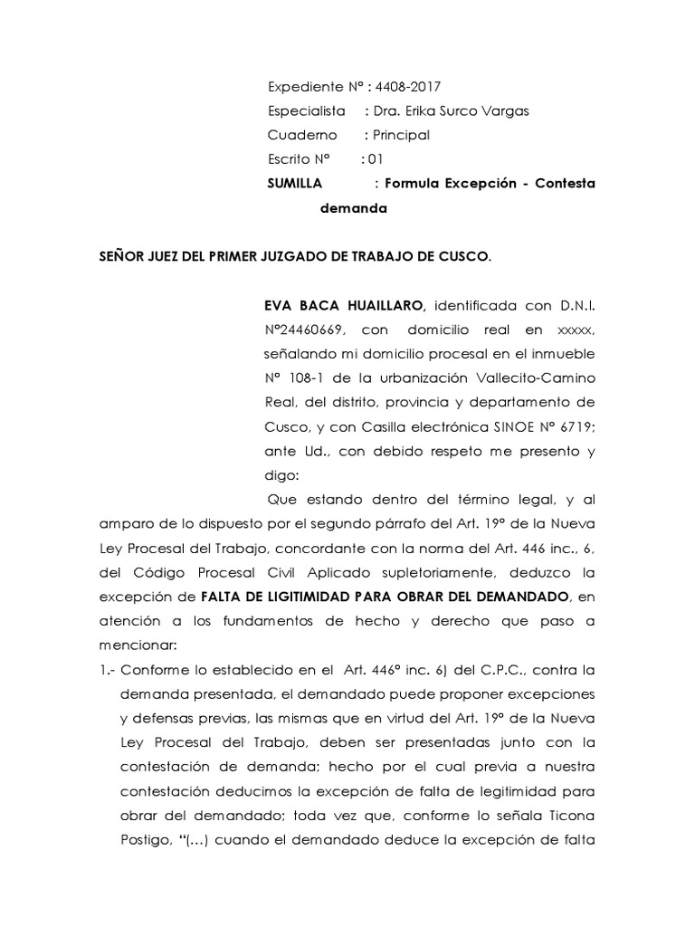 EXCEPCION DE FALTA DE LEGITIMIDAD PARA OBRAR DEL DEMANDADO.docx Intención (Derecho Penal