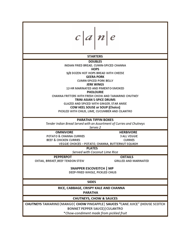 Cane Menu PDF Chutney Curry