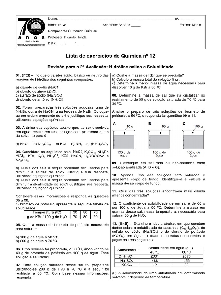 Exercícios sobre Hidrólise Salina e Solubilidade | PDF | Solubilidade ...