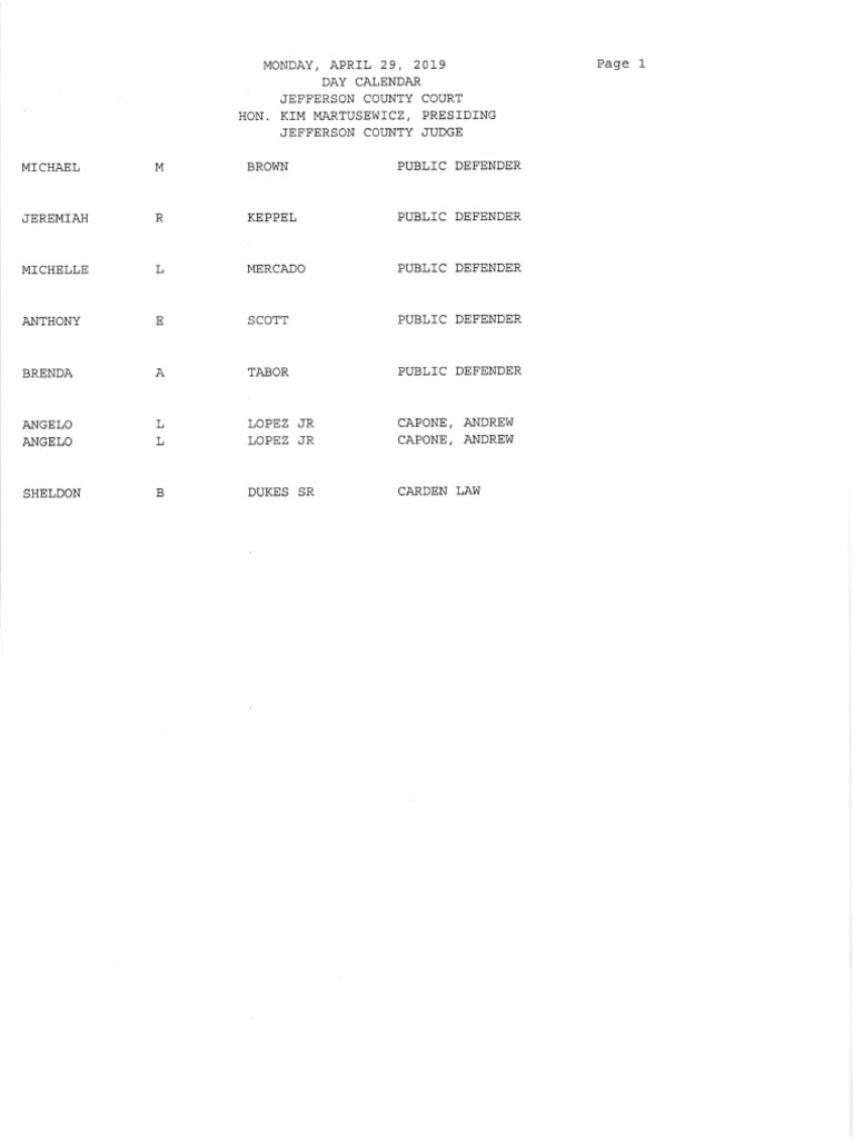 Jefferson County Court Calendar April 29, 2019 PDF Violence