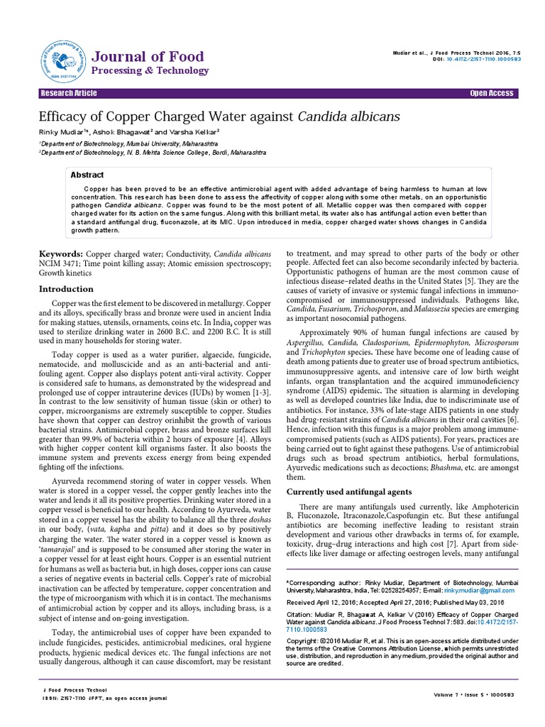 Efficacy of Copper Charged Water Against Candida Albicans 2157 7110