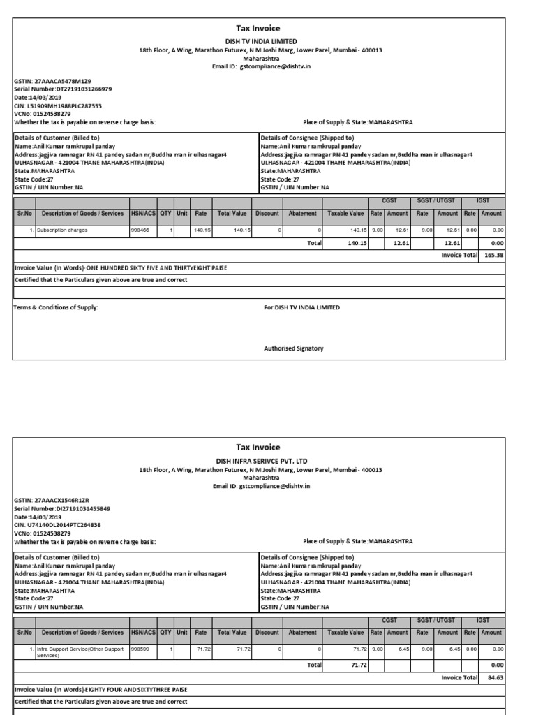 Tax Invoice Dish TV India Limited PDF Invoice Public Finance