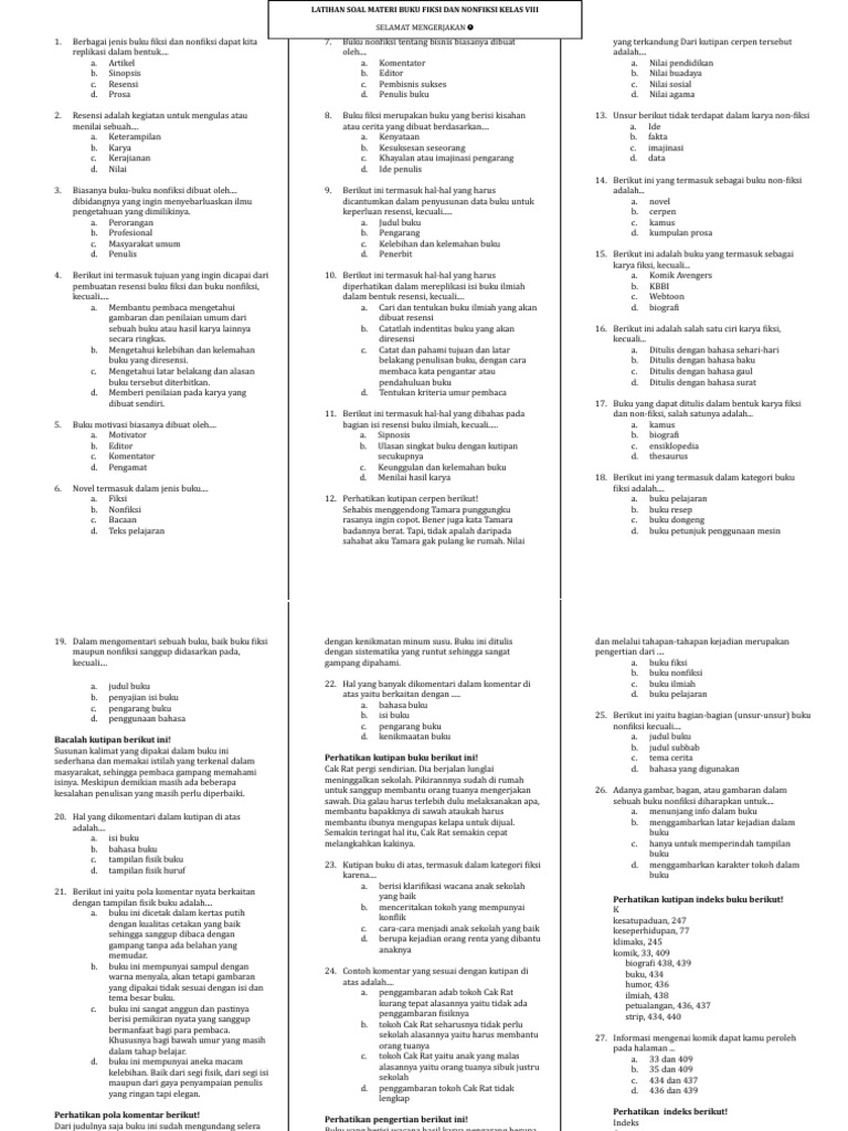 Soal Kls 8 Bhs Ind Ttg Fiksi Dan Nonfiksi