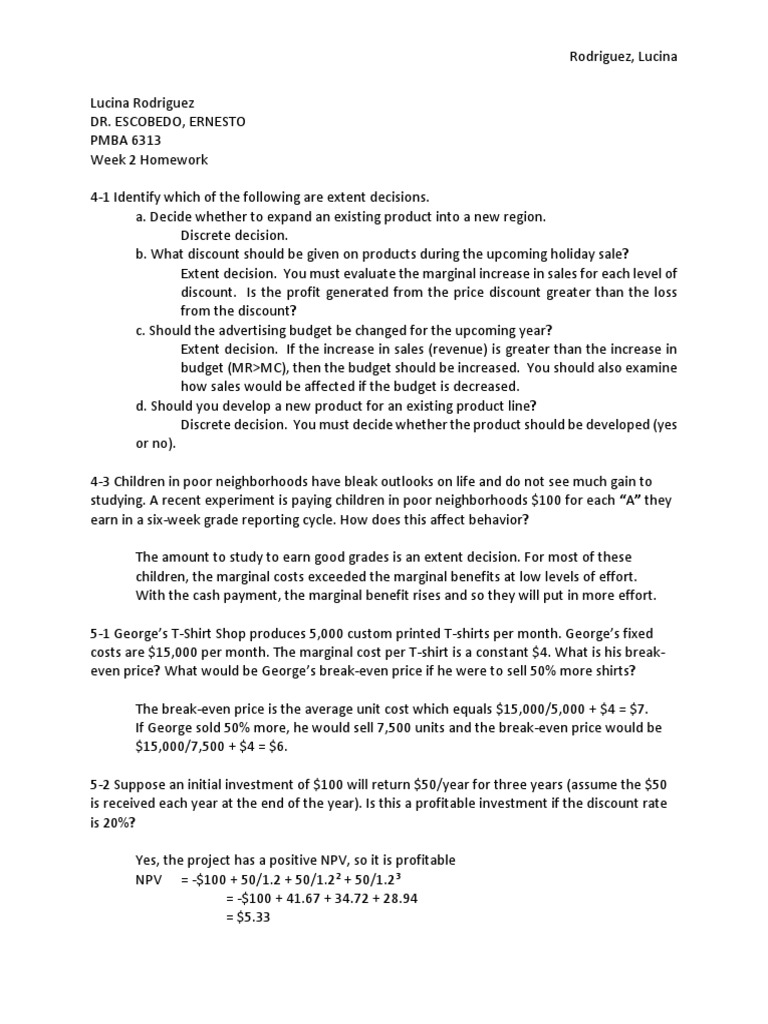 Pmba 6313 Week 2 Homework | PDF | Marginal Cost | Prices