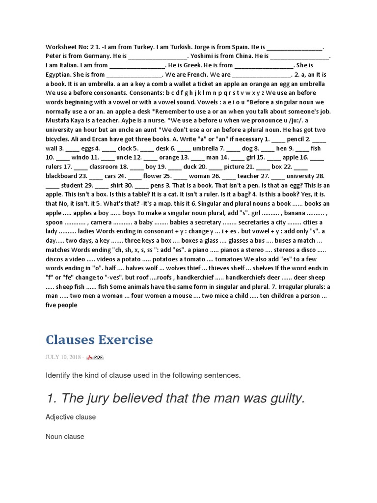Clauses Exercise 1. The Jury Believed That The Man Was Guilty PDF Adverb Adjective
