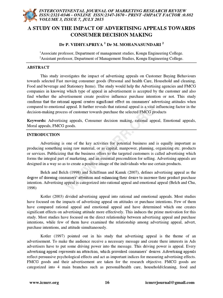 A Study On The Impact of Advertising Appeals Towards PDF | PDF ...
