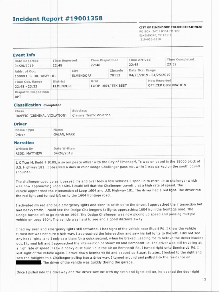 Elmendorf Police Report On Reckless Driving Incident | PDF