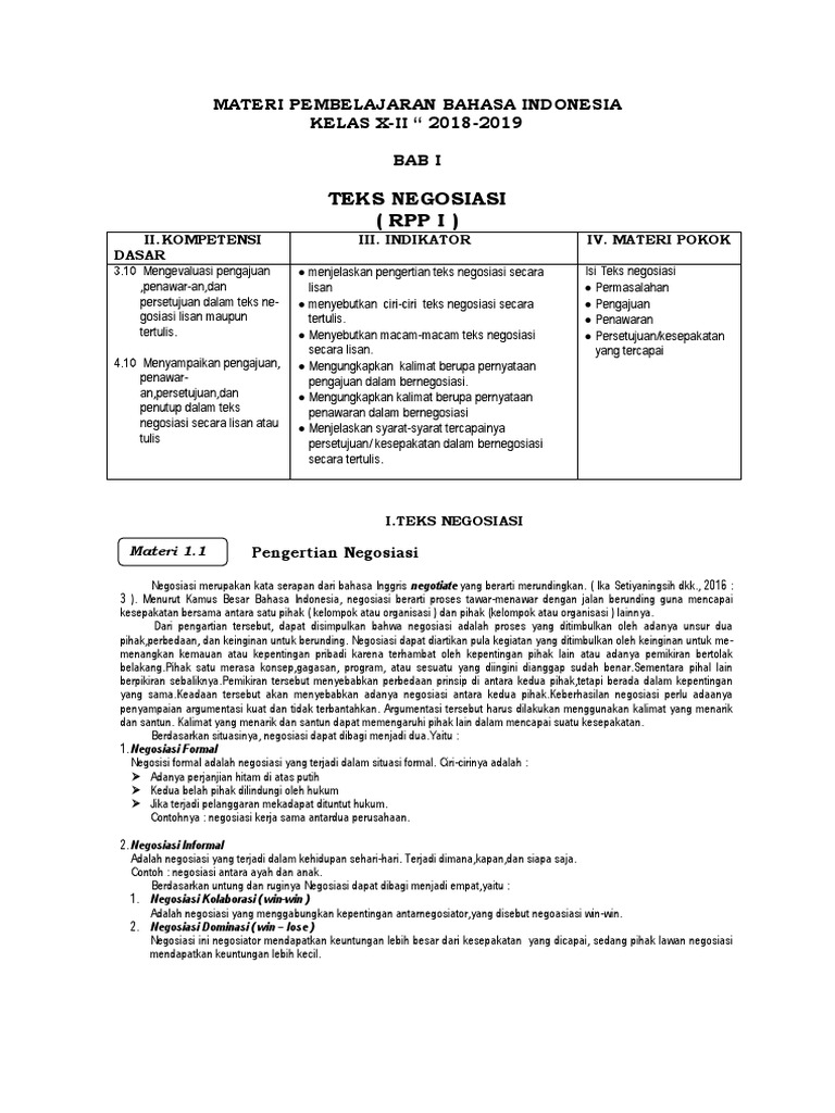 Teks Negosiasi Rpp I Materi Pembelajaran Bahasa Indonesia Kelas X Ii 2018 2019 Bab I