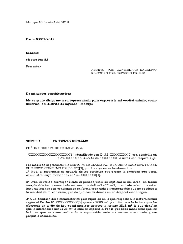 Modelo De Carta De Reclamo Por Cobro Excesivo De Aseo