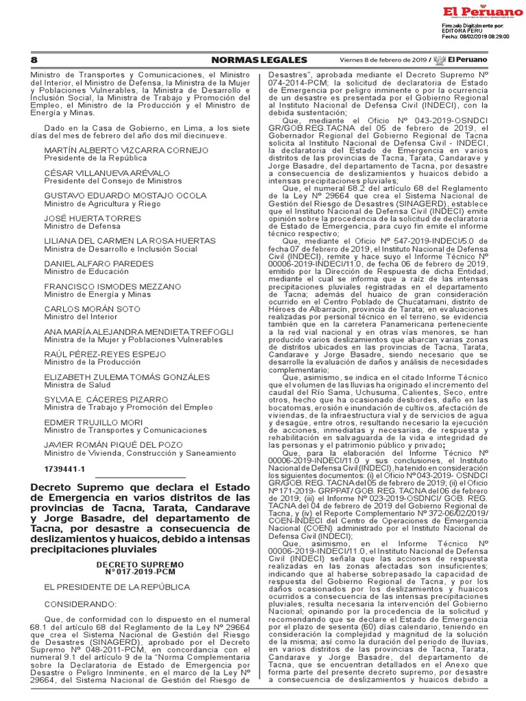 Decreto Supremo Que Declara El Estado de Emergencia en Vario Decreto ...