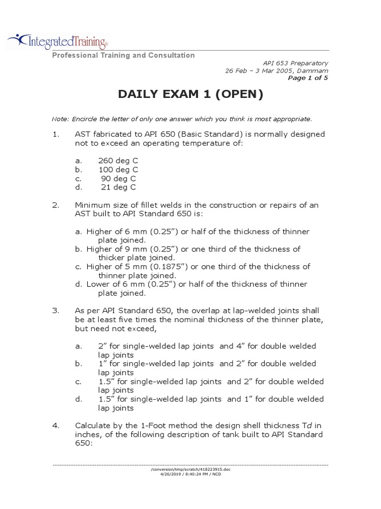 Daily Exam 1 (Open) : Professional Training and Consultation | PDF ...