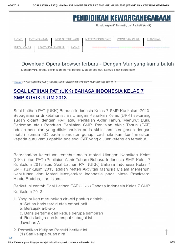 Soal Latihan Pat Ukk Bahasa Indonesia Kelas 7 Smp Kurikulum