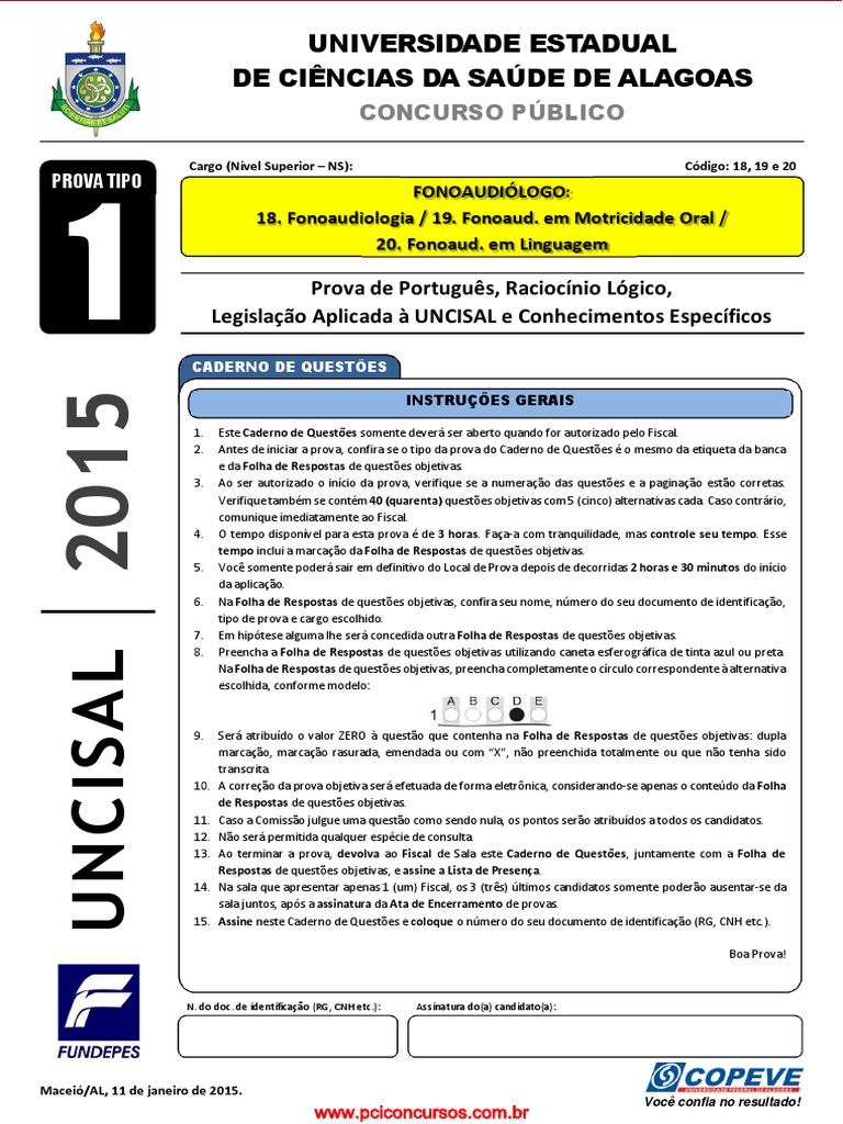 Prova de Fonoaudiologia UNCISAL 2015 | PDF | Patologia da fala | Humano