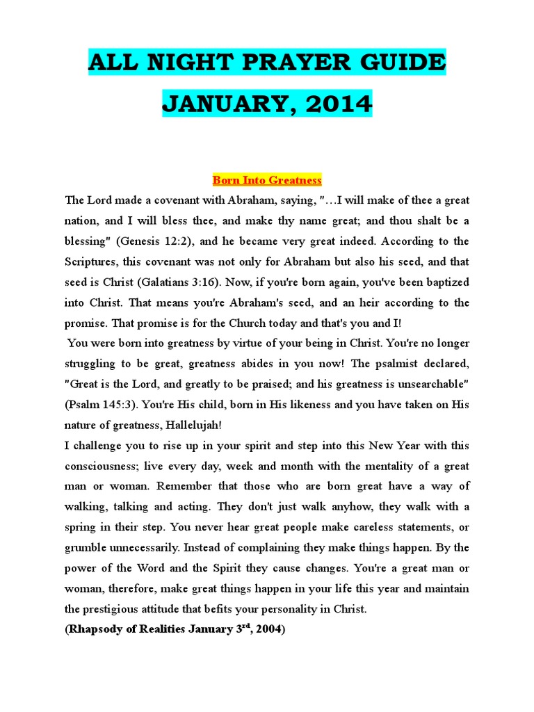All Night Prayer Guide JANUARY, 2014: Born Into Greatness | PDF ...