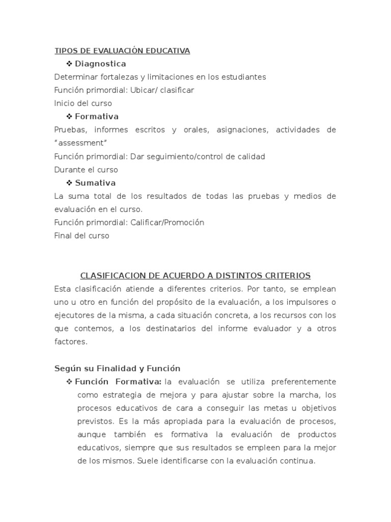 Tipos de Evaluación Educativa | PDF | Evaluación | Modificación de ...