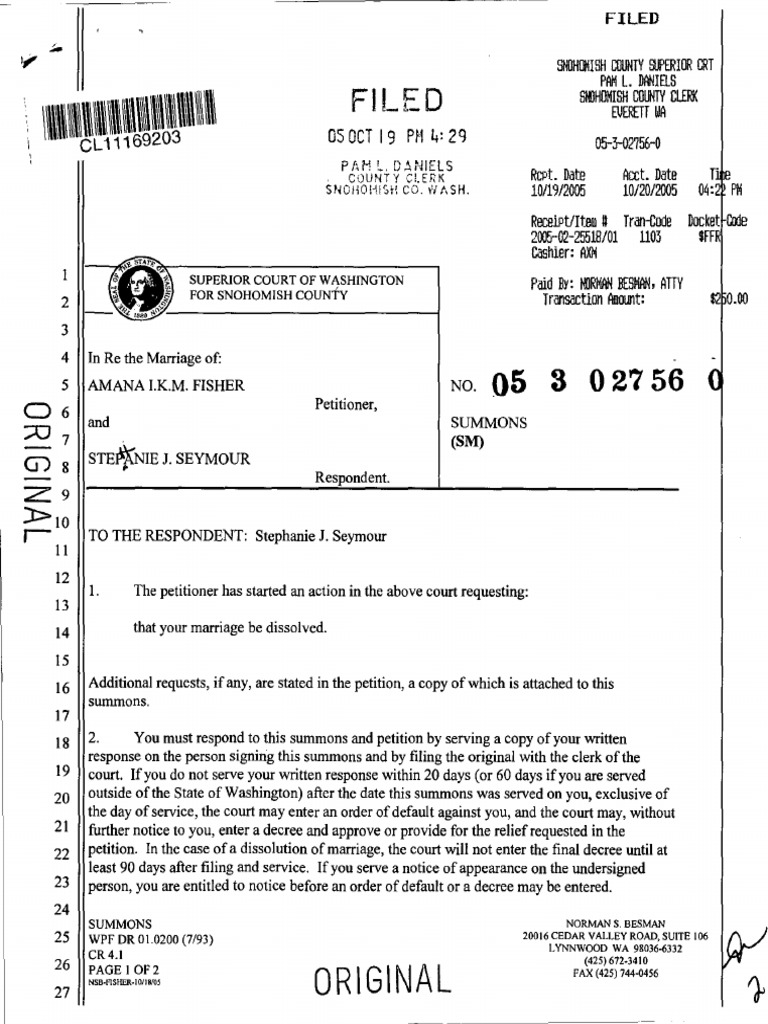 No. 05-3-02756-0 Amana I.K.M. Fisher & Stephanie J. Seymour | PDF | Federal  Insurance Contributions Act Tax | Social Institutions