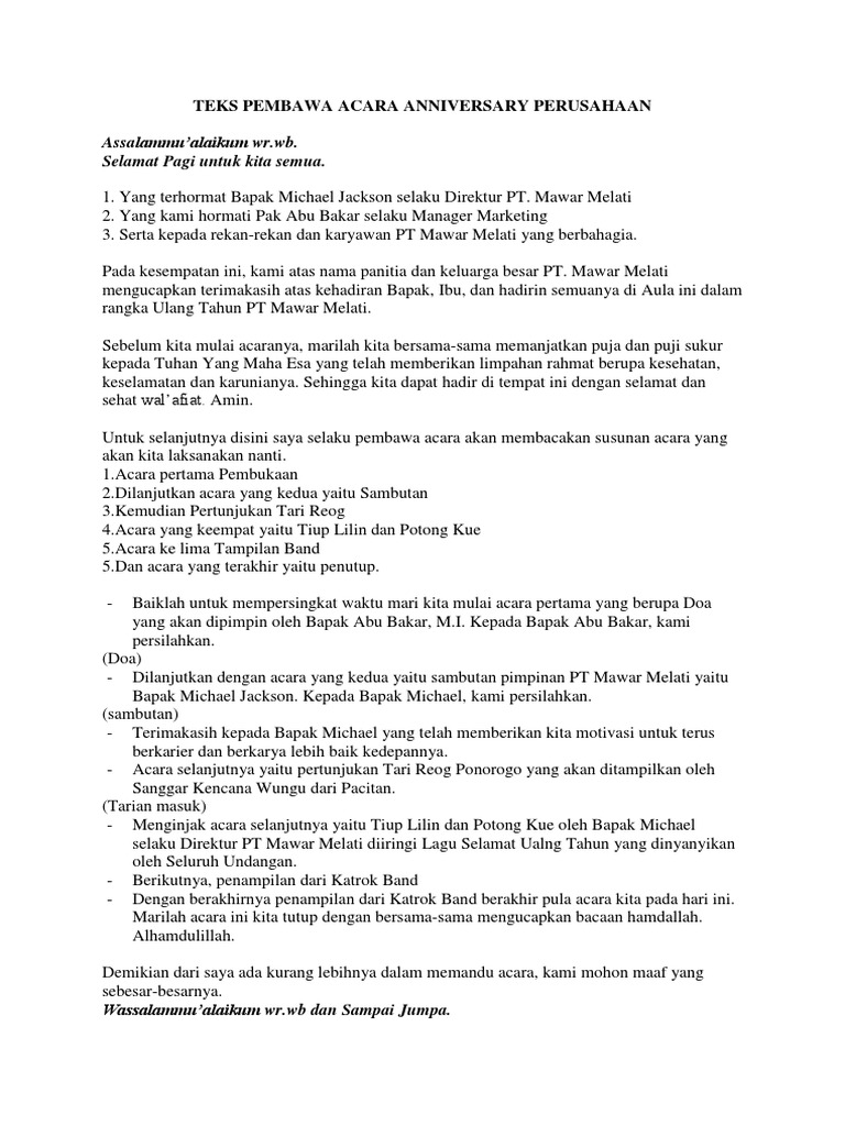 Teks Pembawa Acara Anniversary Perusahaan Pdf