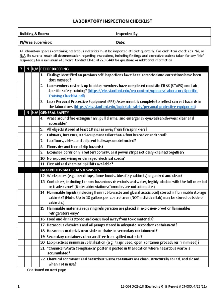 General Lab Inspection Checklist PDF Hazardous Waste Laboratories
