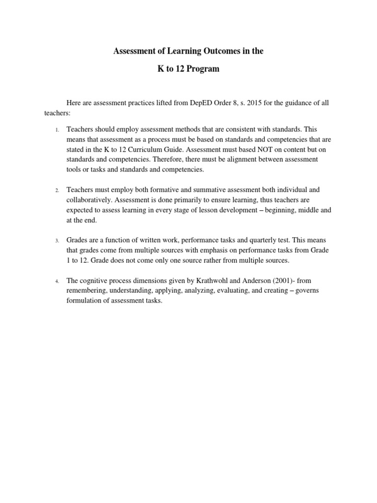K to 12 Learning Outcomes Assessment Guide | PDF
