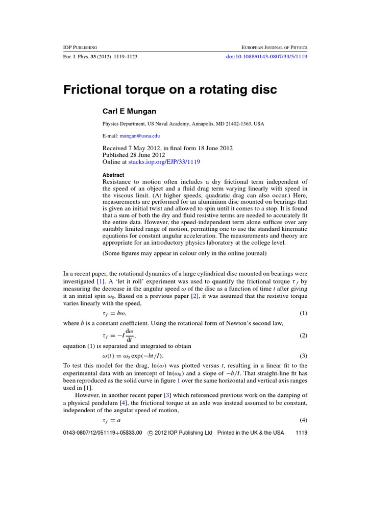 Frictional Torque On A Rotating Disc Carl E Mungan PDF Torque Speed