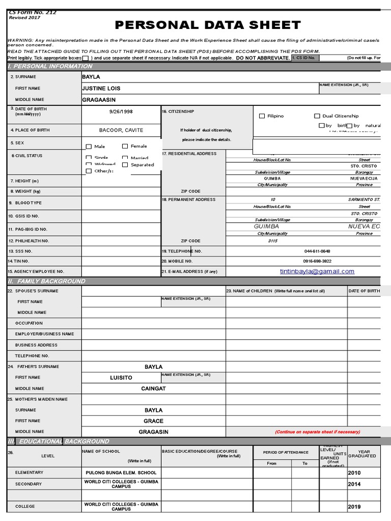 Personal Data Sheet Instructions | PDF | Crime & Violence | Crime Thriller
