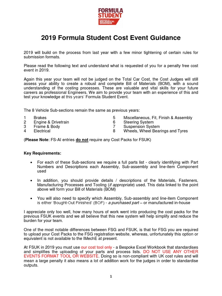 2019 Formula Student Cost Event Guide | PDF | Cost | Business