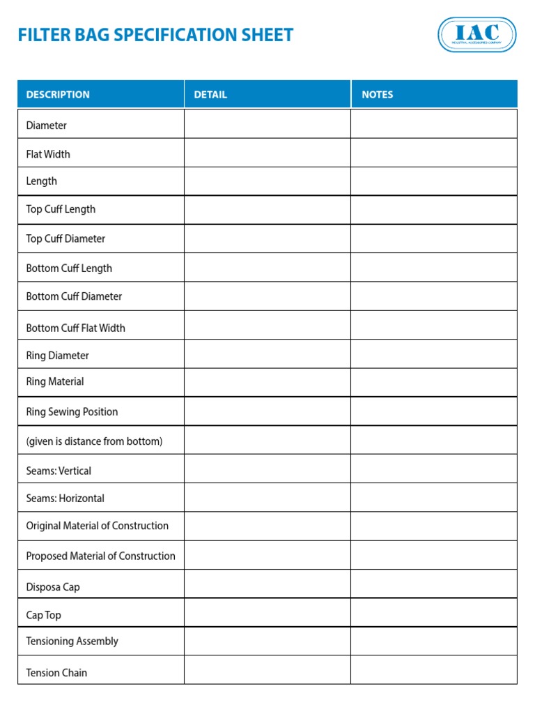 Filter Bag Specification Sheet PDF PDF