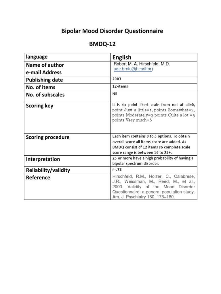 Bipolar Mood Disorder Questionnaire (BMDQ-12) | PDF