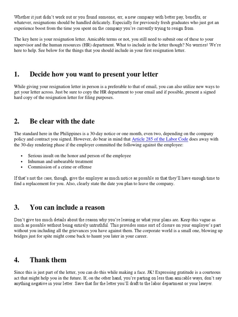 Decide How You Want To Present Your Letter Article 285 of The Labor