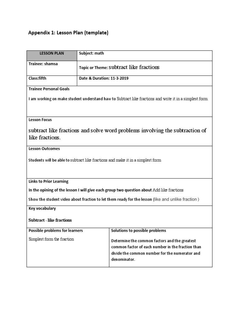 Appendix 1 Lesson Plan Template | PDF | Lesson Plan | Fraction ...