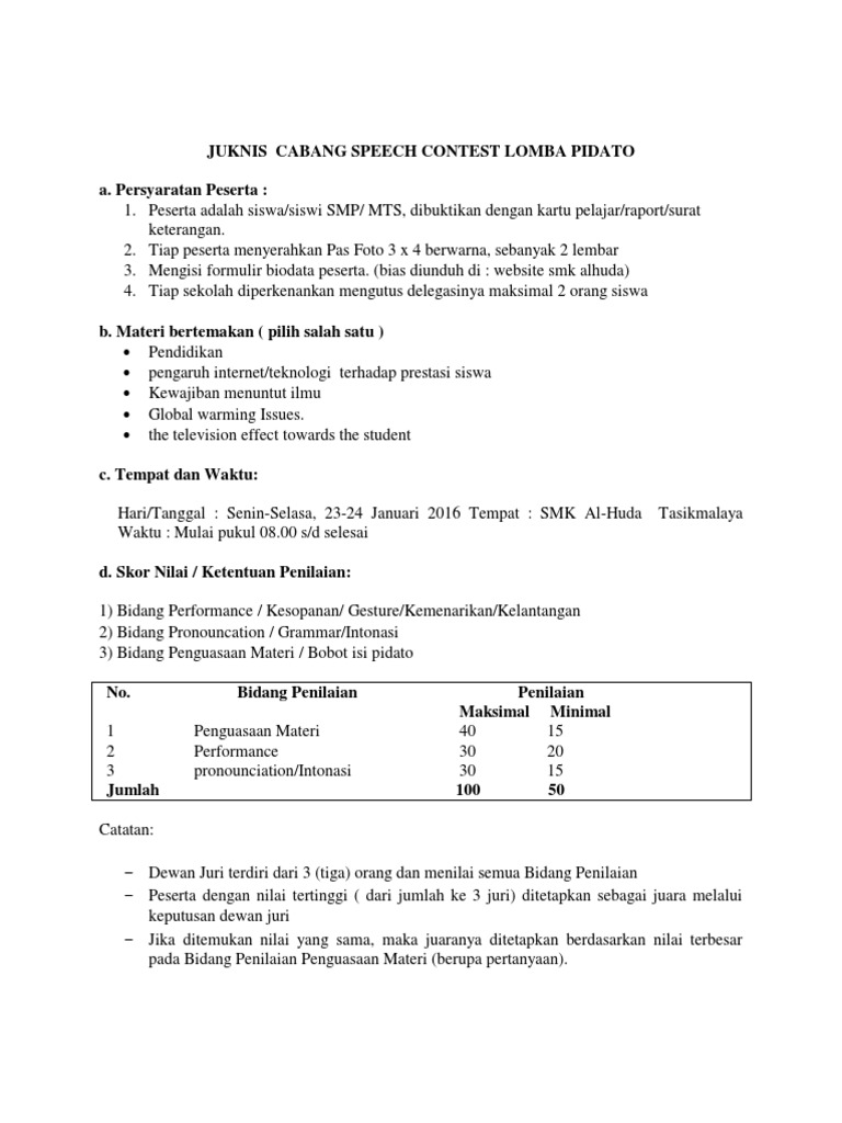 Juknis Cabang Speech Contest Lomba Pidato Pdf