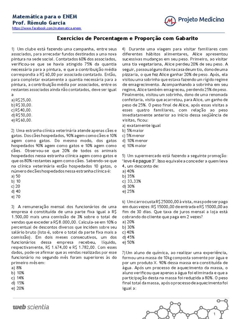 Matematica Exercicios Porcentagem e Proporcao Enem Com Gabarito Romulo ...