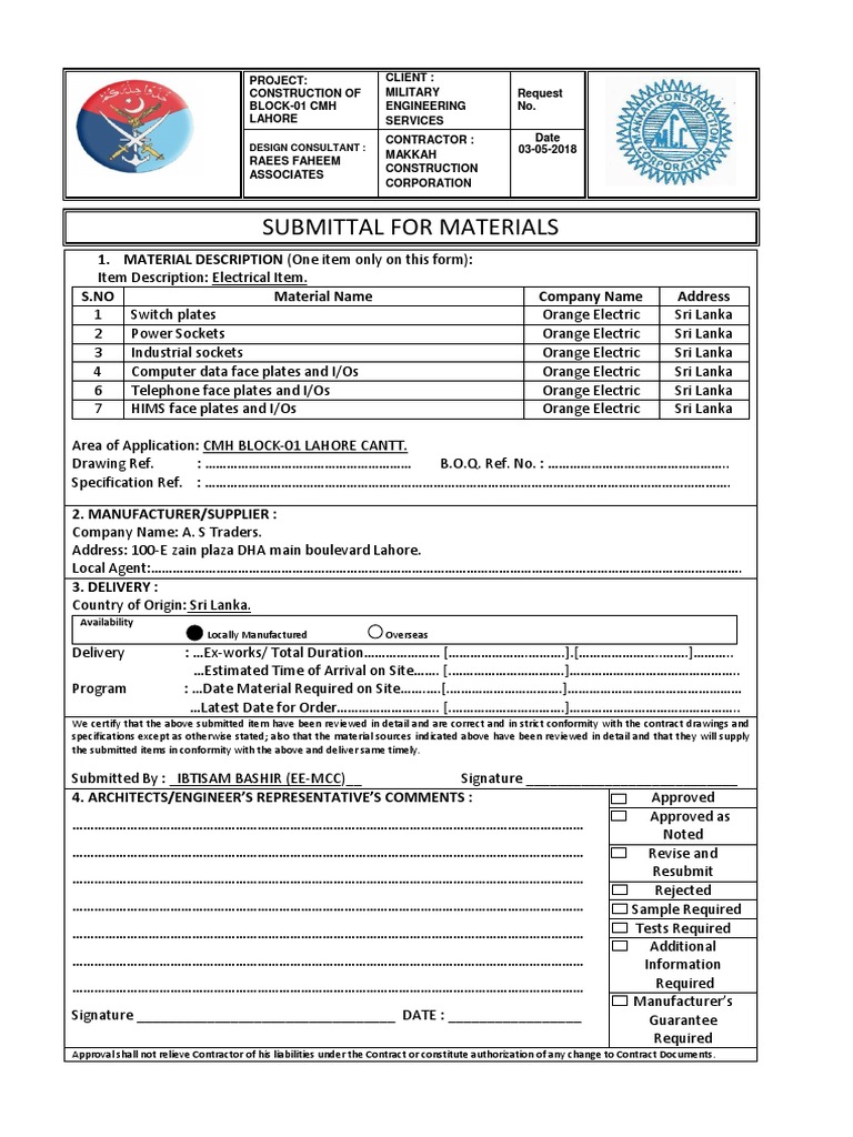 Submittal For Materials: 1. MATERIAL DESCRIPTION (One Item Only On This ...