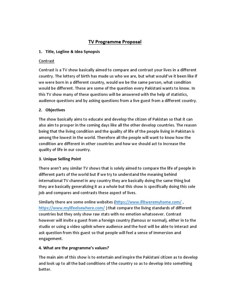 TV Programme Proposal: 1. Title, Logline & Idea Synopsis | PDF | You ...