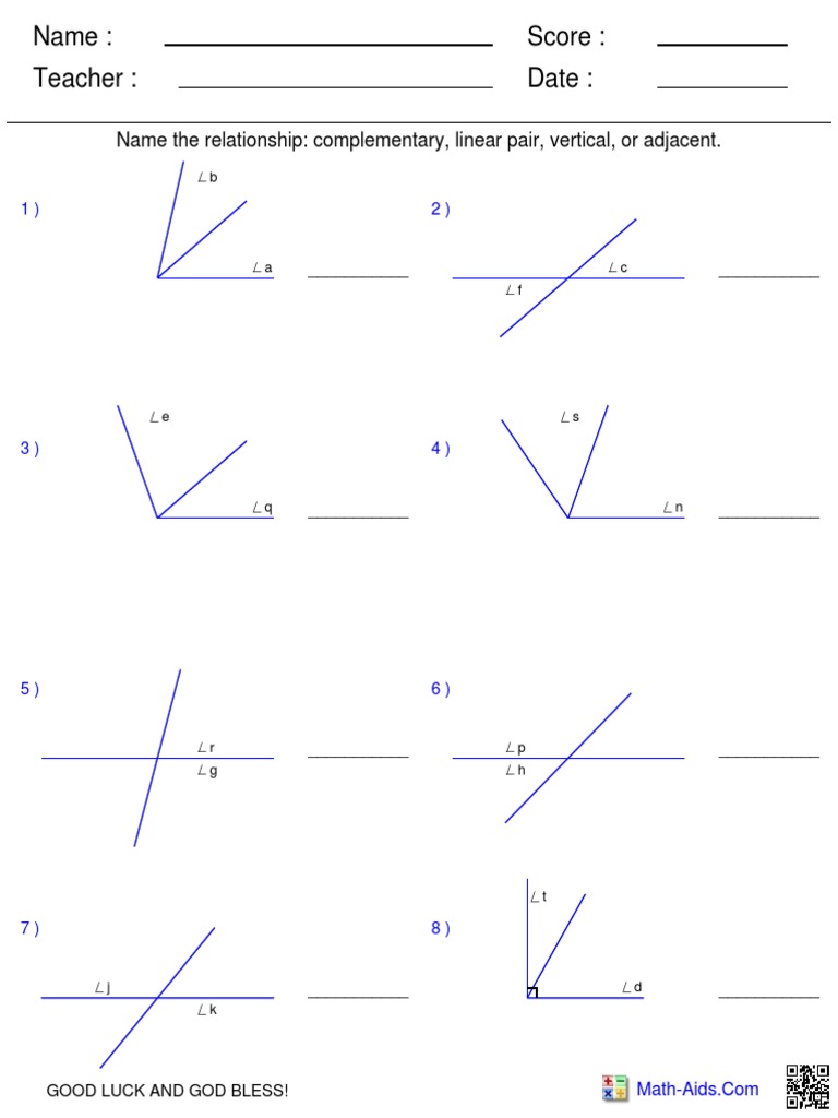 Angles Pairs  Geometry  Space Throughout Angle Pair Relationships Worksheet