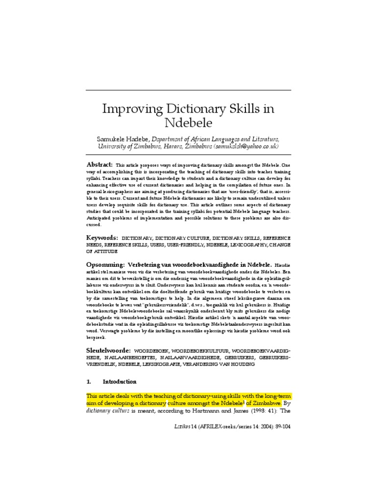 Improving Dictionary Skills in Ndebele PDF Lexicography Vocabulary