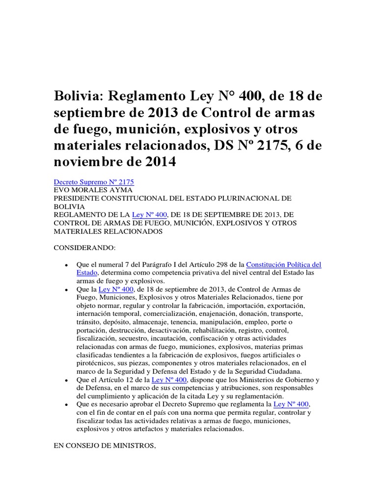 Bolivia Reglamento Ley N° 400, de 18 de septiembre de 2013 de Control