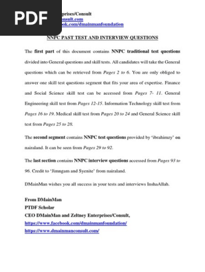 NNPC Past Test and Interview Questions - Dmainman PDF | PDF 
