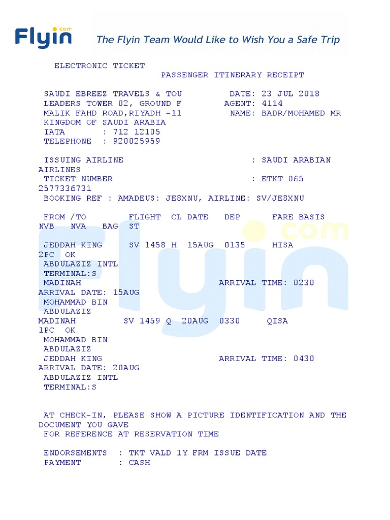 Saudi Airlines Electronic Ticket Details | PDF | Business