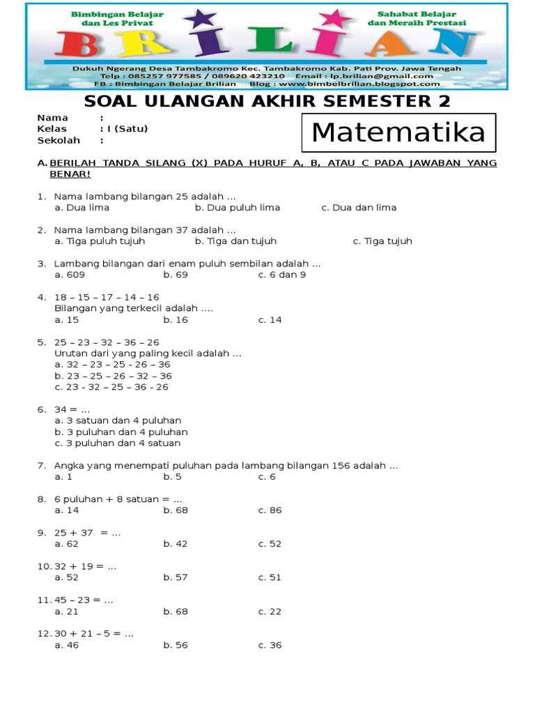 Soal Uas Matematika Kelas 1 Sd Semester 2 Dan Kunci Jawaban Www Bimbelbrilian Com