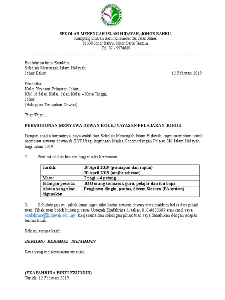 Surat Permohonan Sewaan Dewan Kypj Pdf