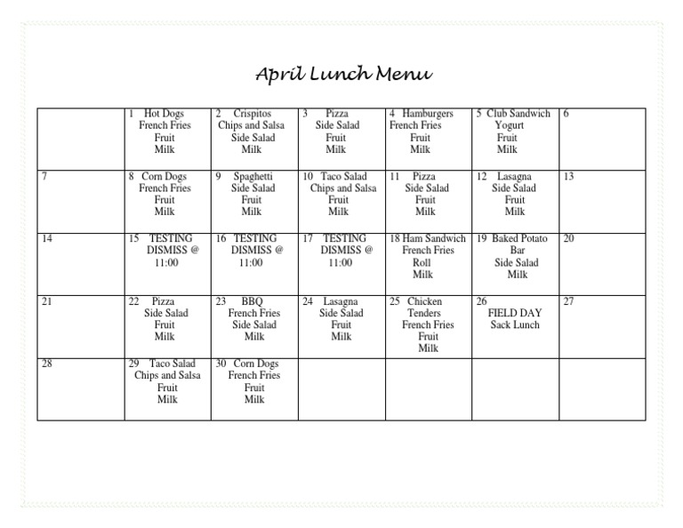 April Lunch Menu