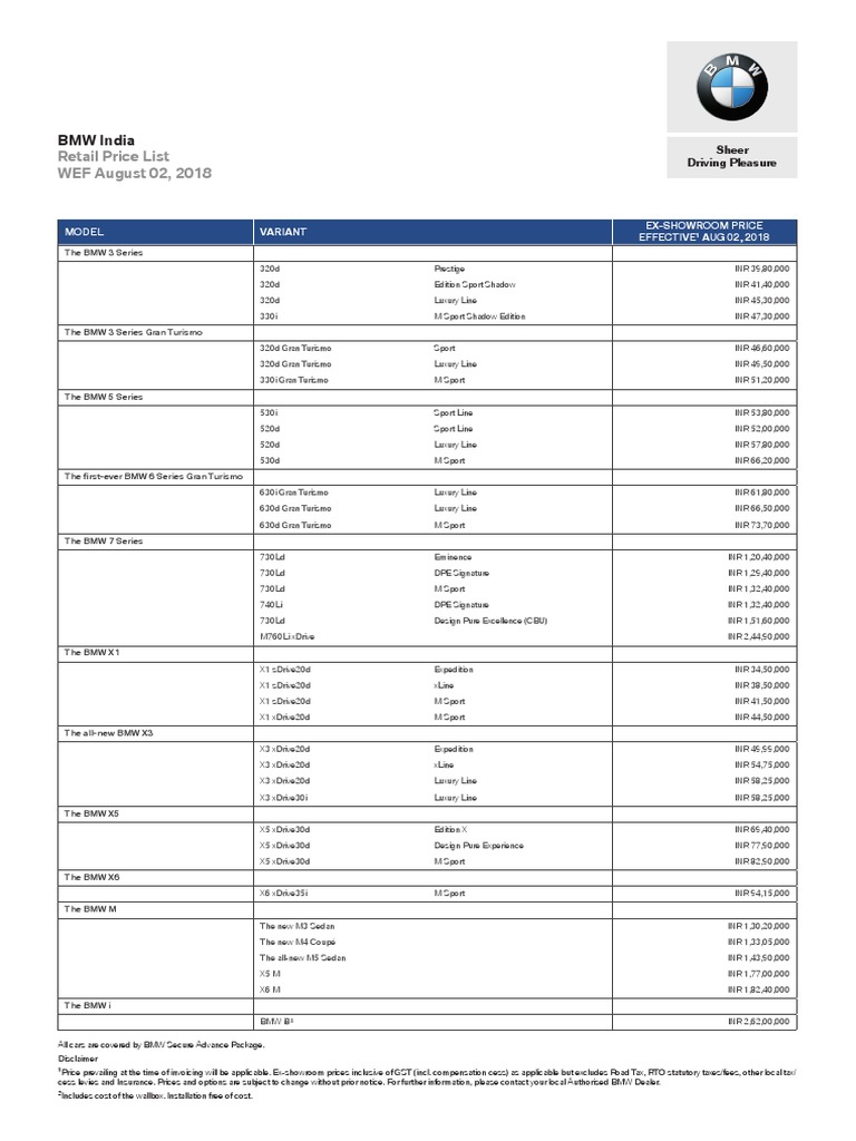BMW Models Price List - August | PDF | Bmw | Land Vehicles